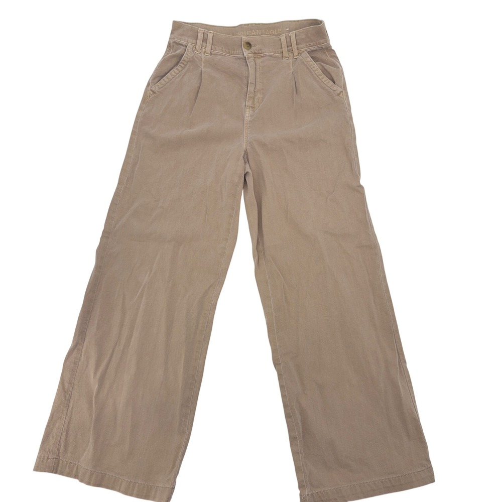 American Eagle Wide Leg Pants Womens 8 Long Tan Super High Rise Pleated Khaki